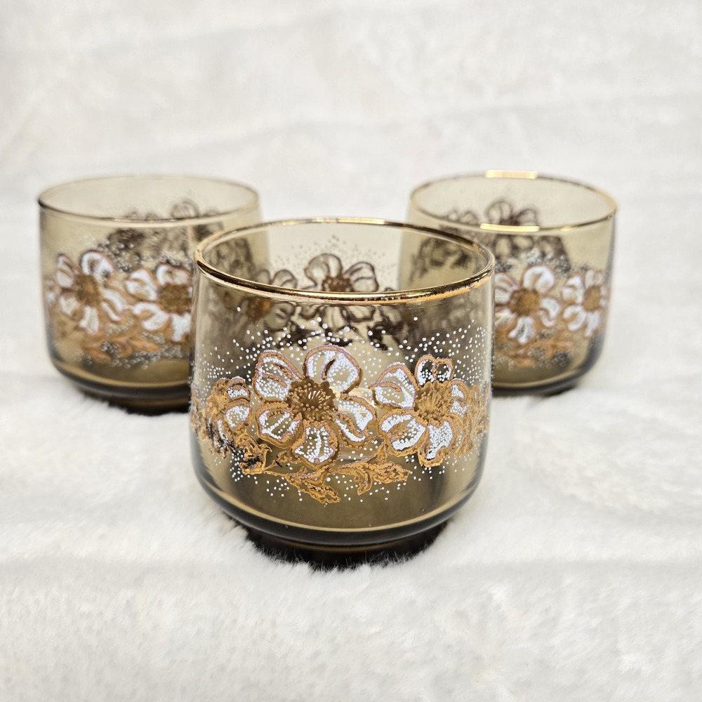 3 Vintage Retro Mid Century Modern Brown Gold Flower Drinking Glasses Dominion